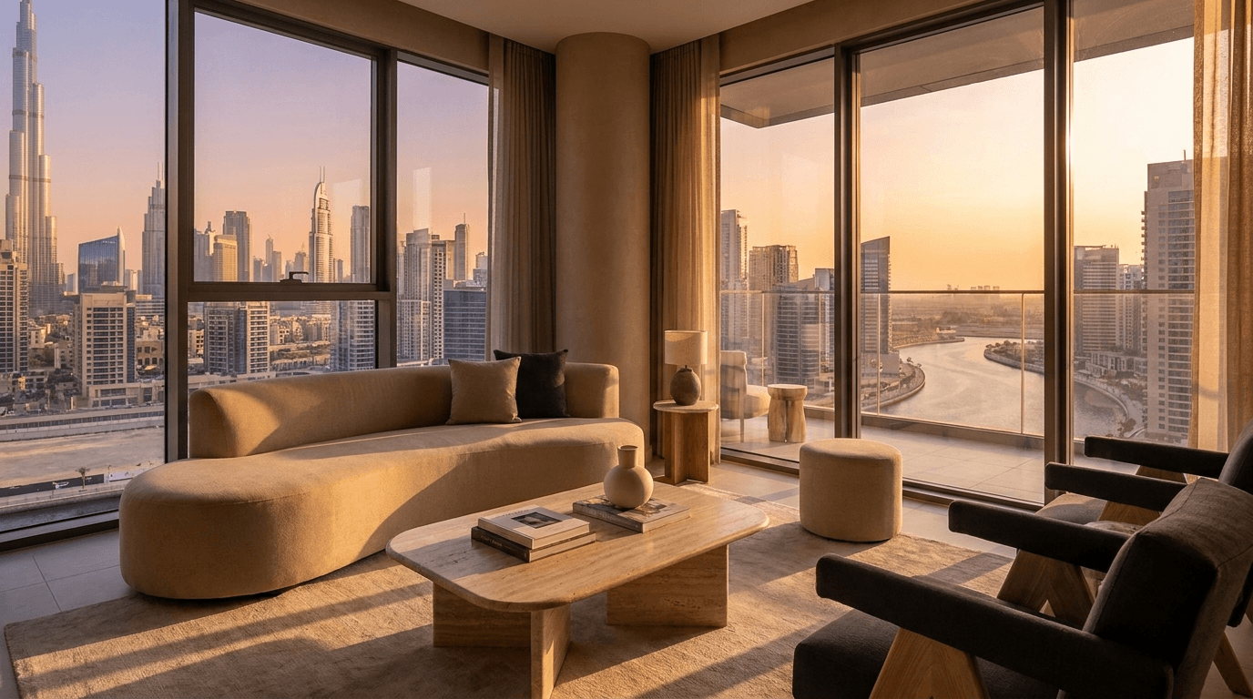 La skyline de Dubaï au coucher du soleil avec le Burj Khalifa